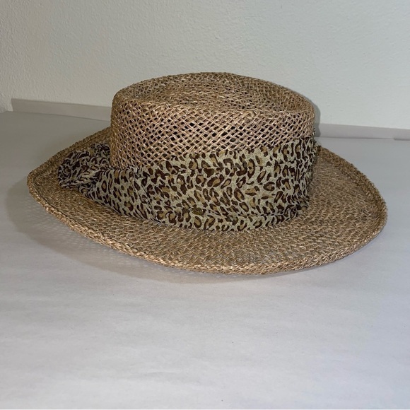Straw Hat with Cheetah Leopard Print Sash Detail - Picture 2 of 5